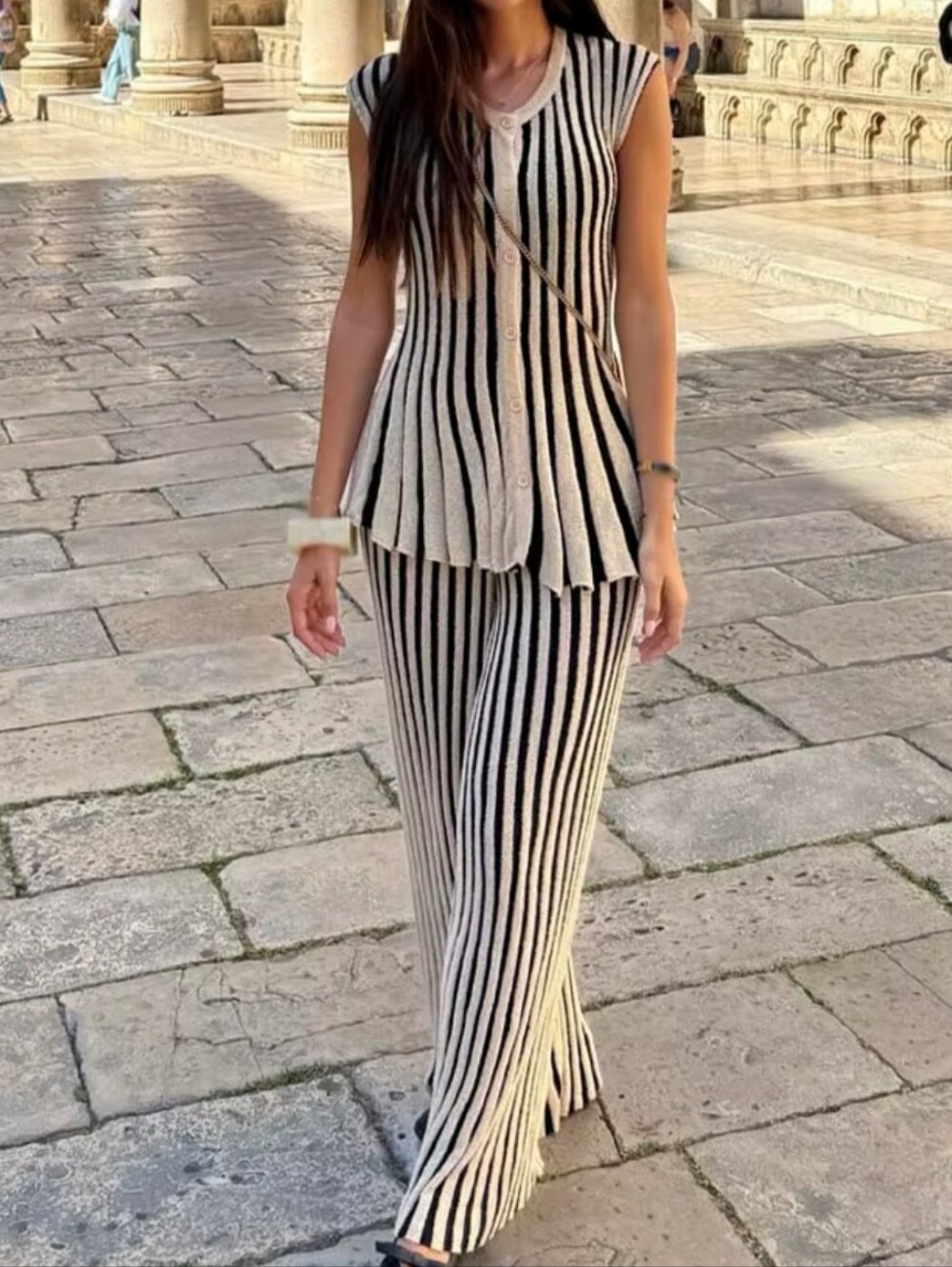 Zara Black & Cream Vertical Stripe Knit Wide-Leg Set - Picture 6 of 11